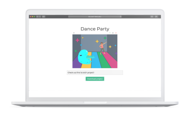 Mockup of a Macbook with the Scratch Project Viewer website displaying a sample Dance Party Scratch project.