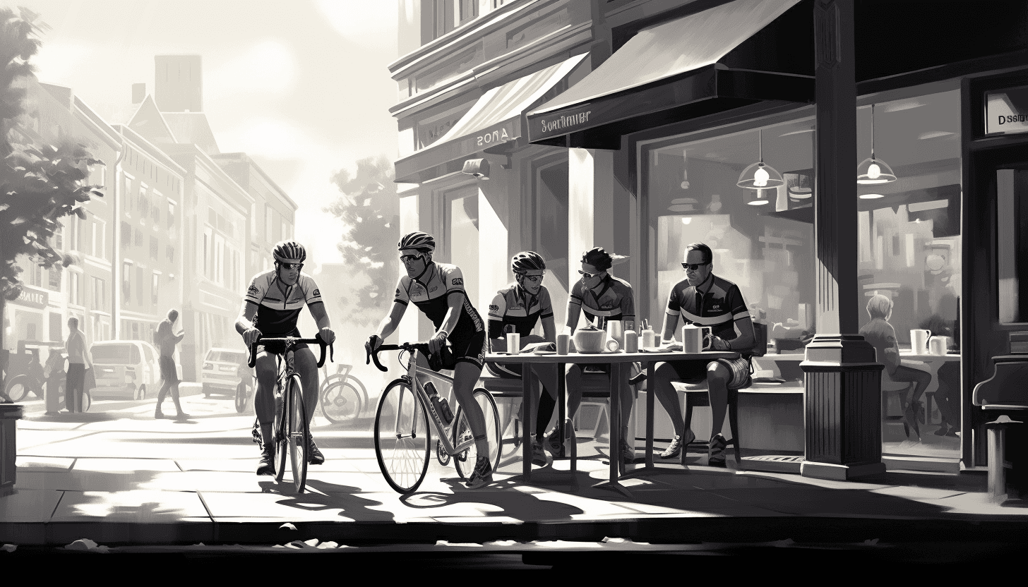 Midjourney prompt: Cyclists stopping for a coffee at a cafe, New Yorker style illustration