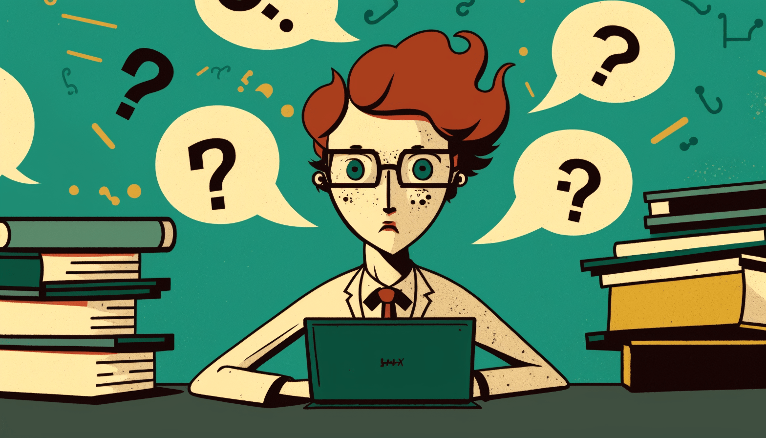A cartoon image of a person studying with books and a laptop, surrounded by question marks, while a CompTIA certification is depicted as a key to success above them.