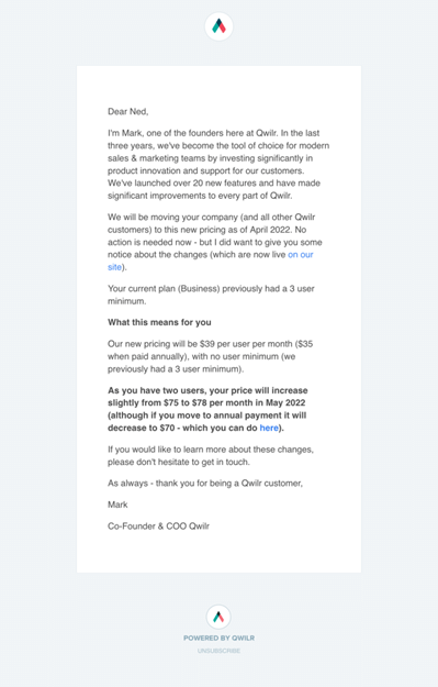 SaaS Pricing Update Emails: Screenshot of pricing update email from Qwilr