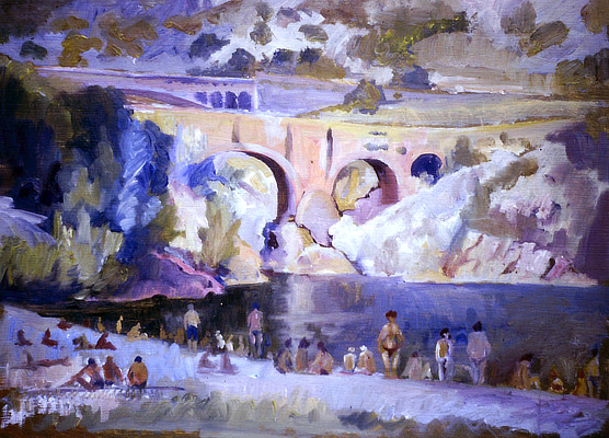 painting of people sunbathing by water with bridge