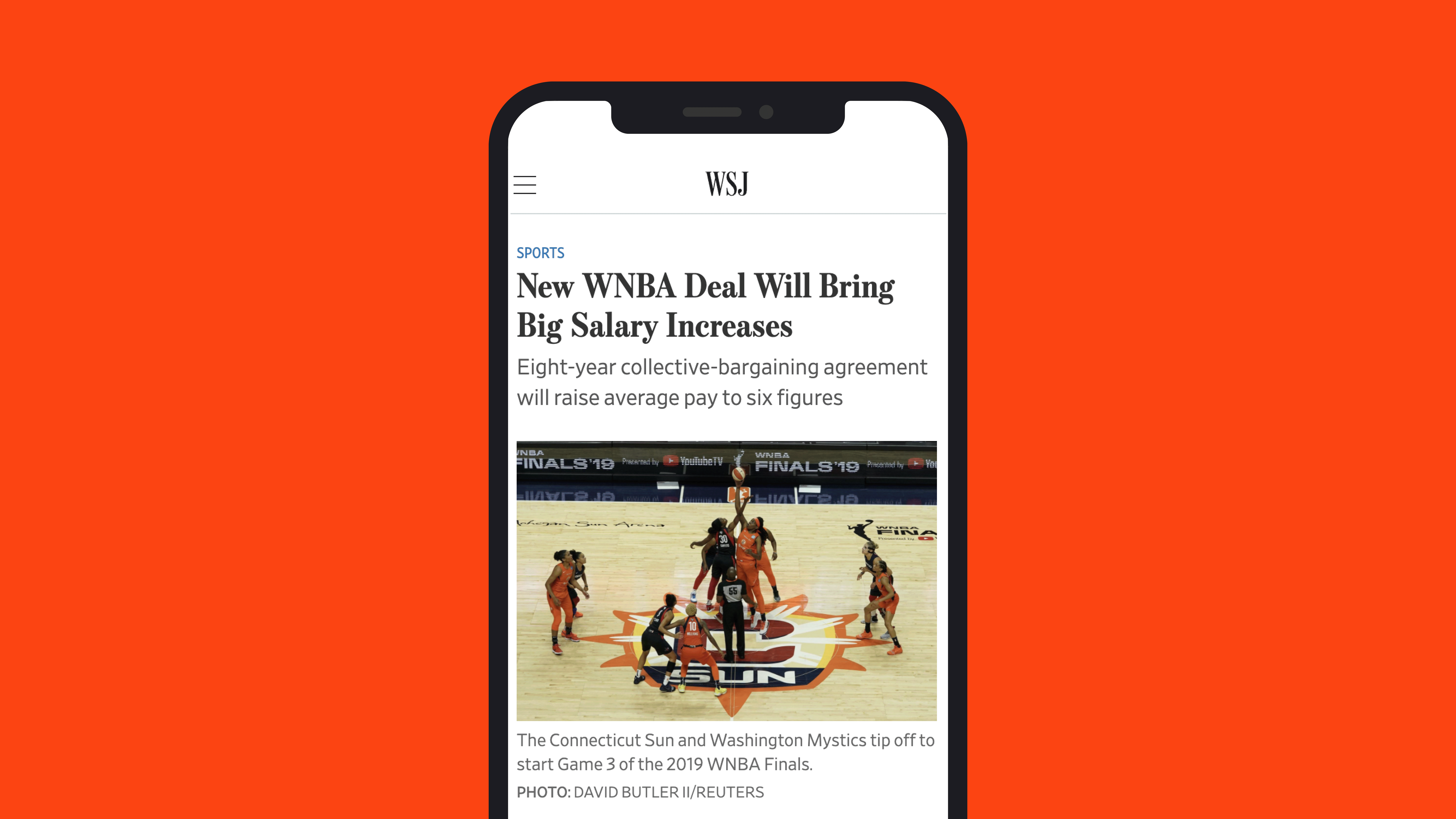 WNBA press release articles as displayed on iphone