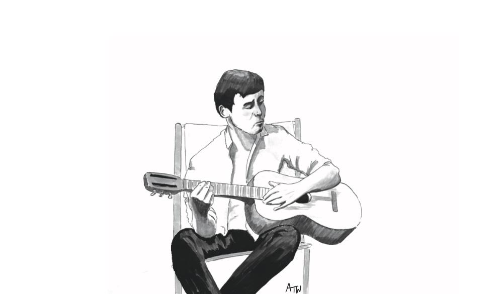 A portrait of Sir Paul McCartney playing guitar in his garden in ink and pen by Adam Westbrook