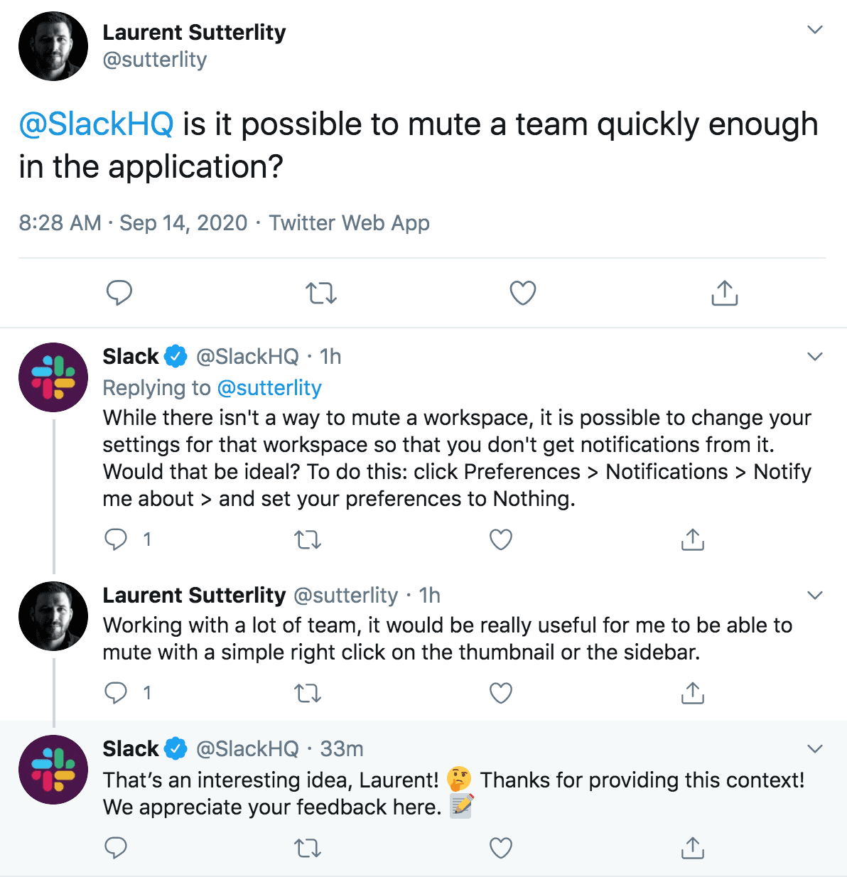 A tweet showing @SlackHQ responding to a user with advice on how to better use the application.