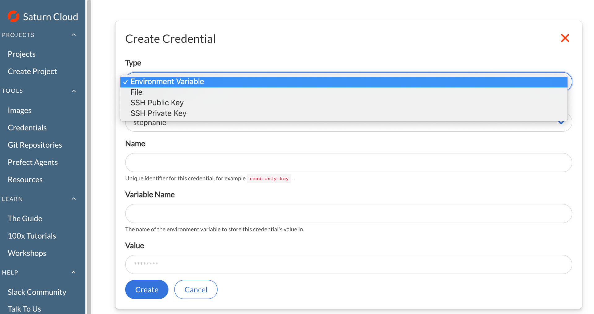 Screenshot of Saturn Cloud Create Credentials form