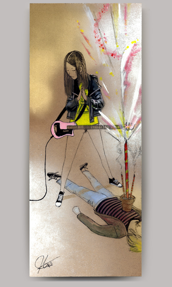 An acrylic painting on wood panel, titled 'Follow Follow', of a pantless woman wearing a leather jacket with a bright yellow shirt and a pink guitar. She is praying while standing above the body of Kurt Cobain.