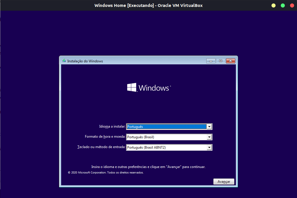 Tela inicial do instalador do Windows
