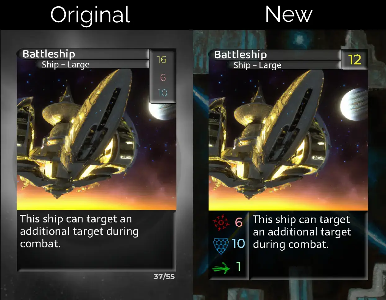 The previous and new ship card design
