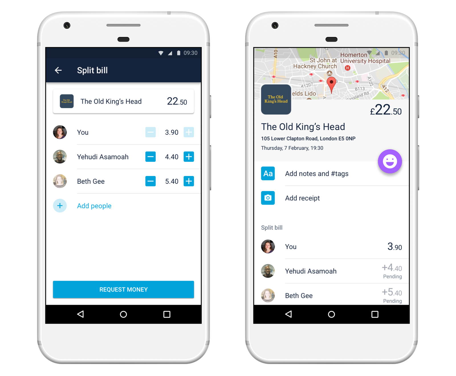 Image of a smartphone showing how to split a bill with the Monzo app