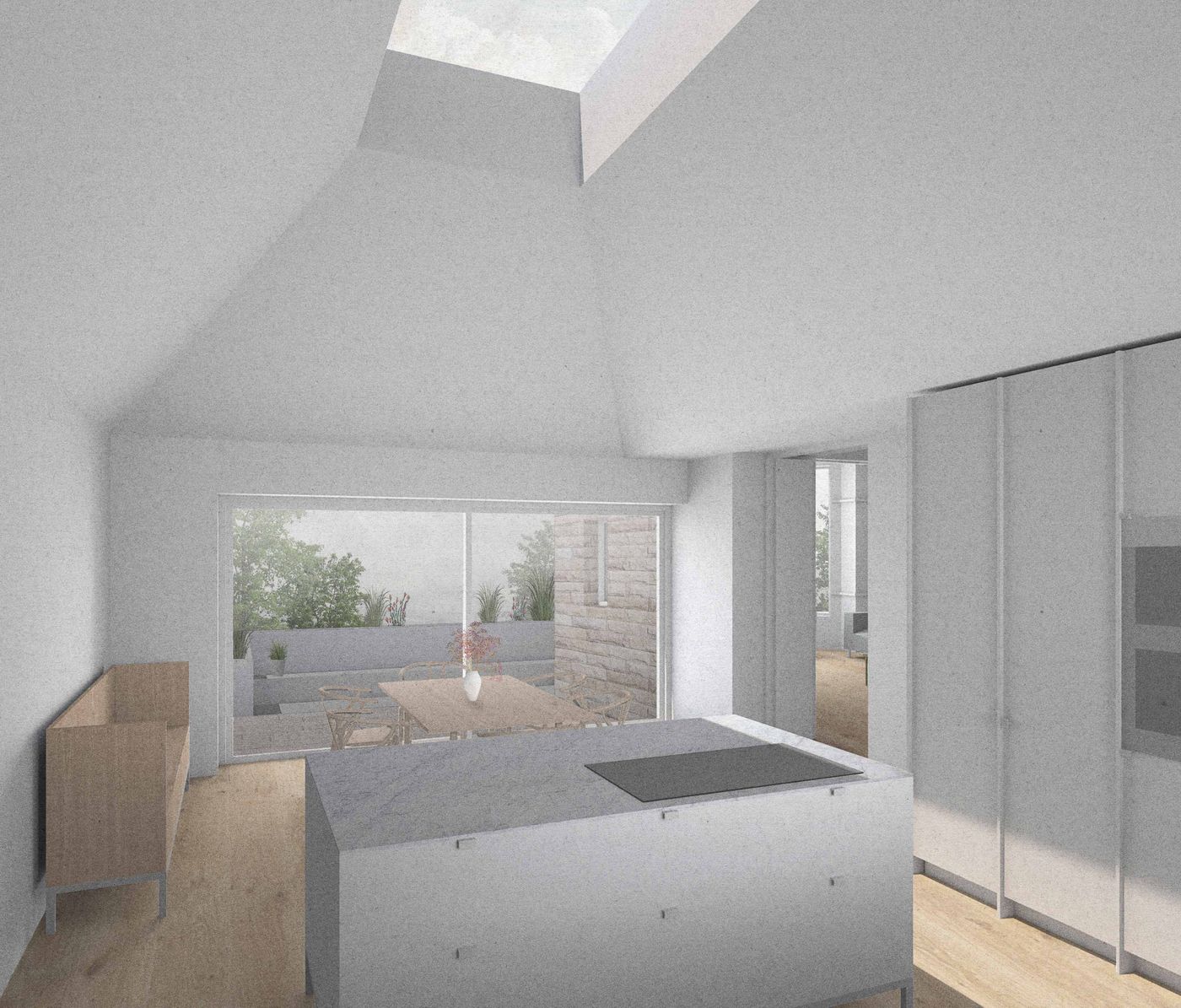 Proposed interior view of the new kitchen and dining space at Woodvale Road designed by From Works.