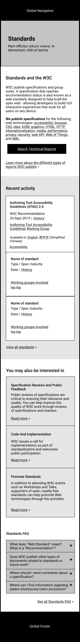 Content wireframe of Standards page