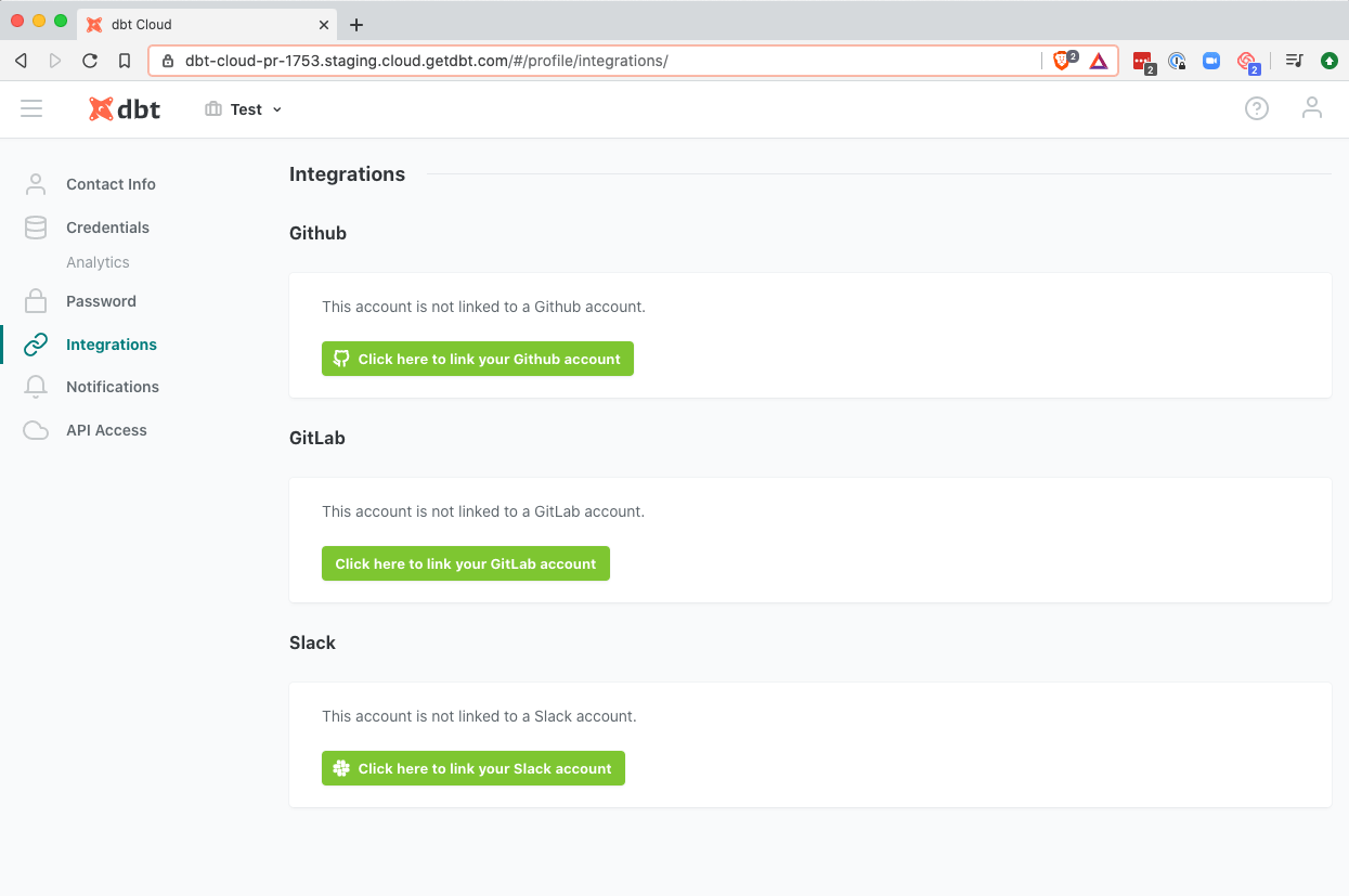 Click the green button to connect dbt Cloud to your GitHub account