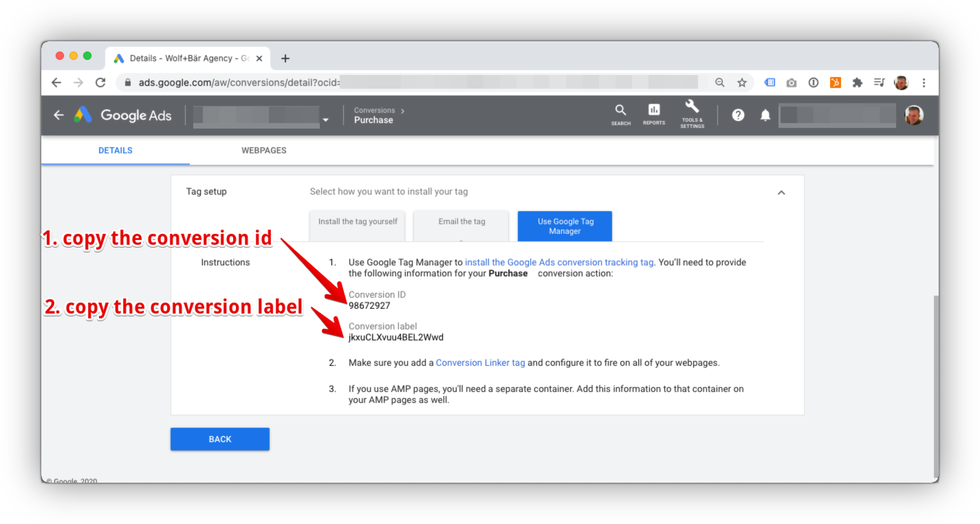 Google Ads copy conversion ID and label