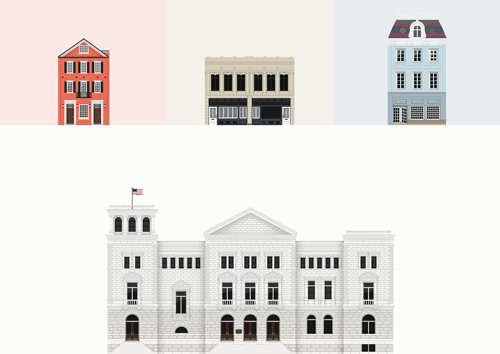 Small digital drawings of Charleston buildings