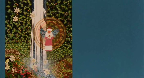A screenshot of a surreal painting with flowers. From the film 'Hana-bi'.