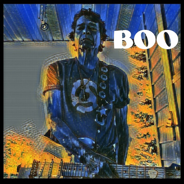 Photo of Boo cover, this month's free download. The image is a stylized photo of robert holding a guitar.