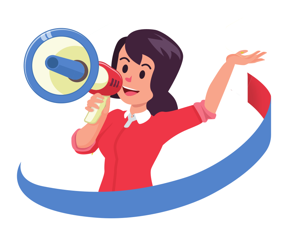 Comichafte Zeichnung einer Frau mit einem Lautsprecher