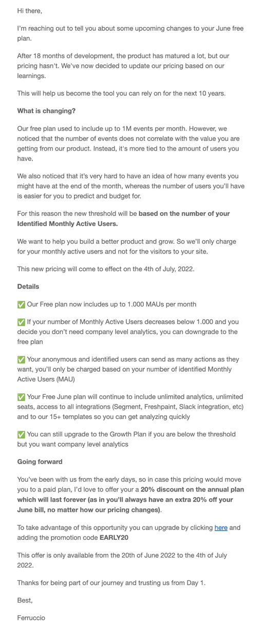 SaaS Pricing Update Emails: Screenshot of pricing update email from June