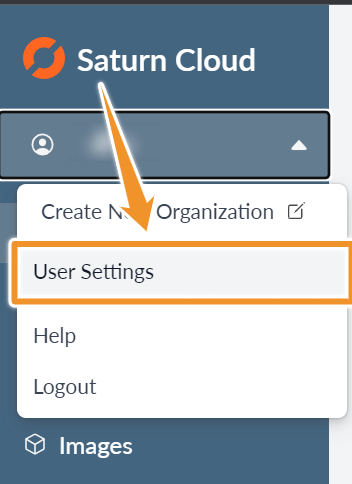 Saturn Cloud left menu with arrow pointing to Settings tab