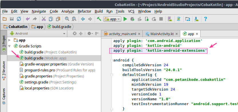 Menambahkan plugin android extensions pada proyek android