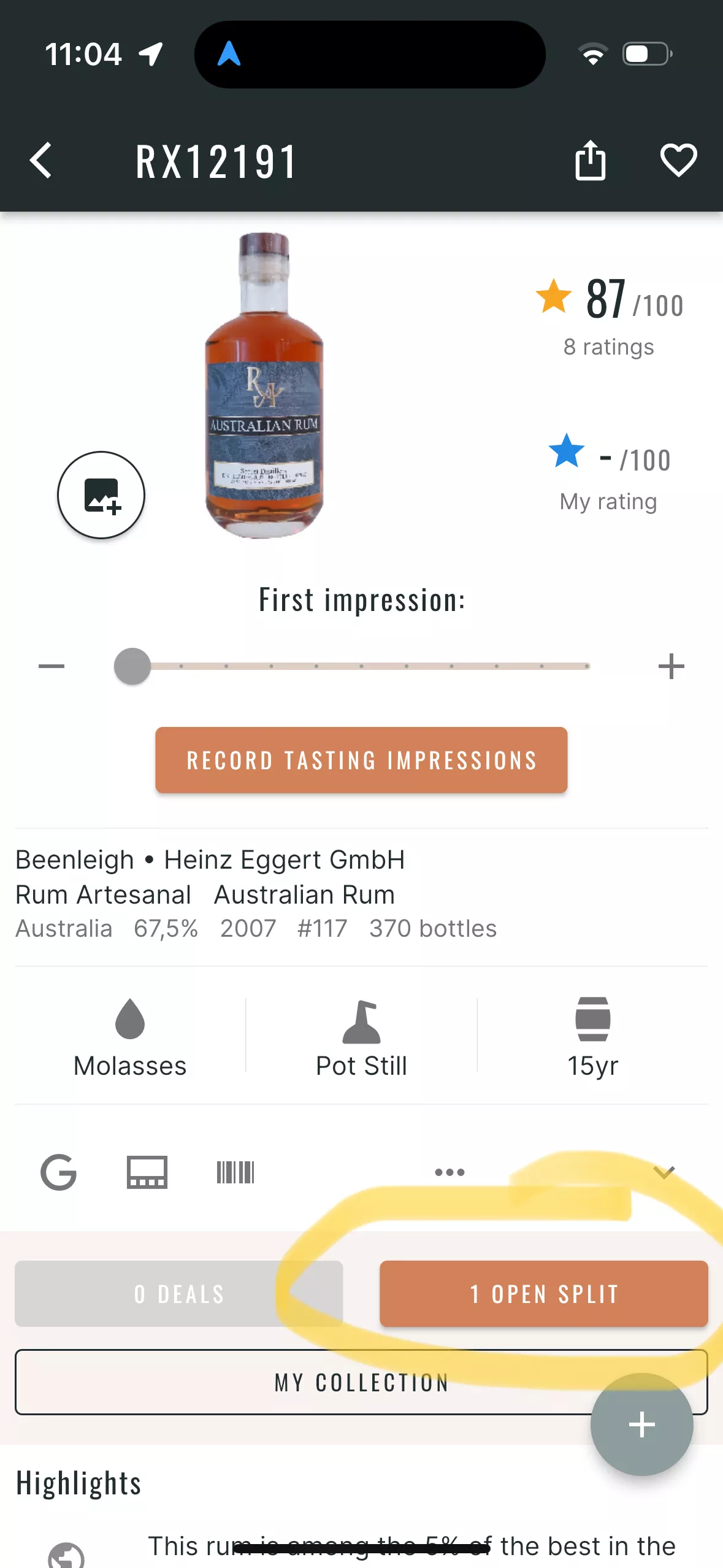Screenshot of a rum details page within the RumX mobile app showing an running bottle split