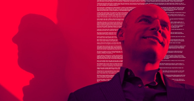 Copyrighter Rick Sloboda in front of text on a red background