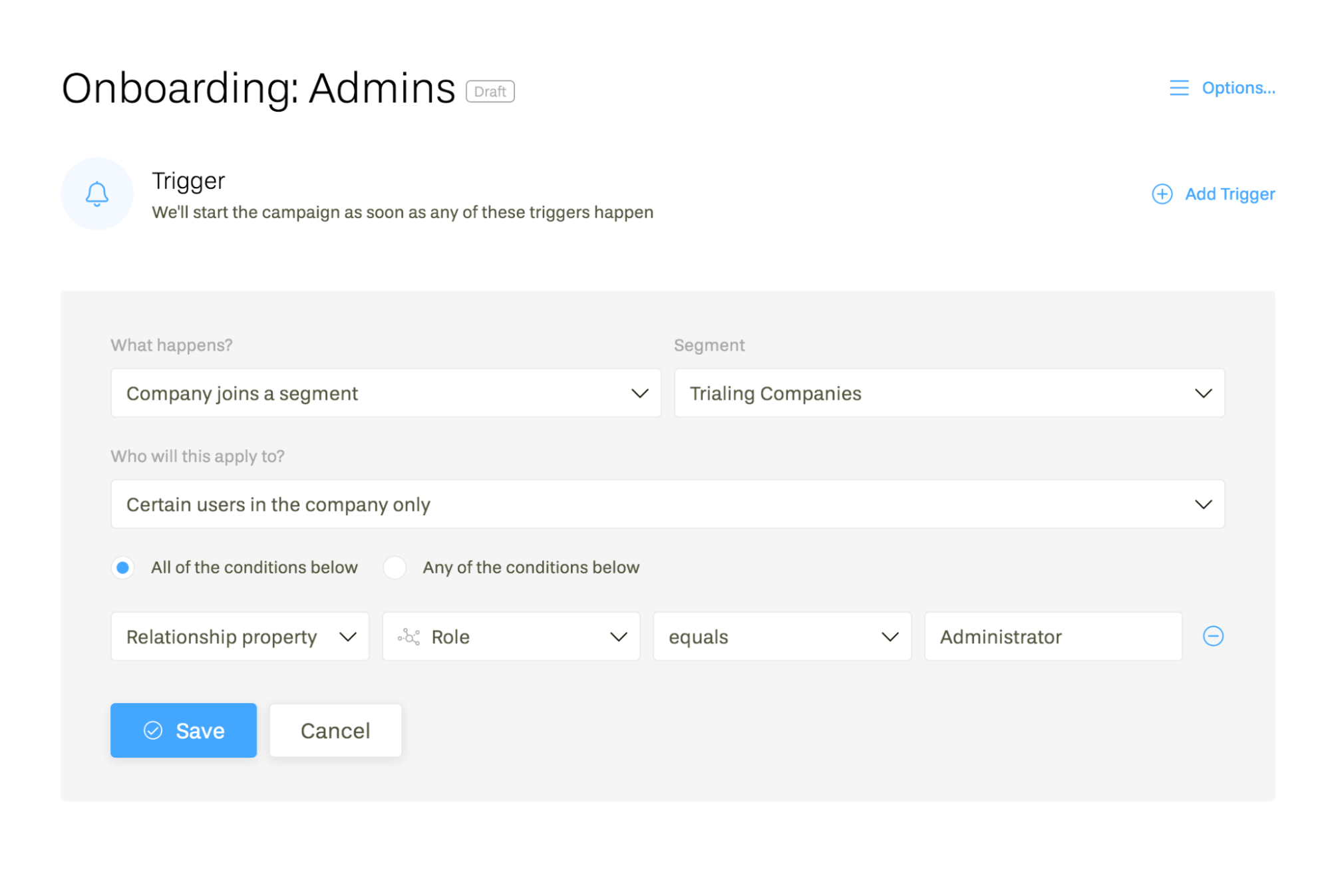 Segmenting Accounts vs Users: Screenshot of trigger campaign setup on Userlist