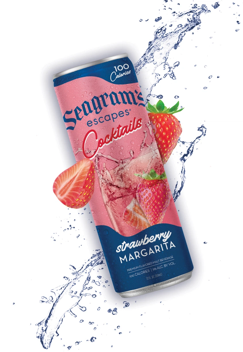 can of Strawberry Margarita with a splash of cool water and pieces of Strawberry in the background