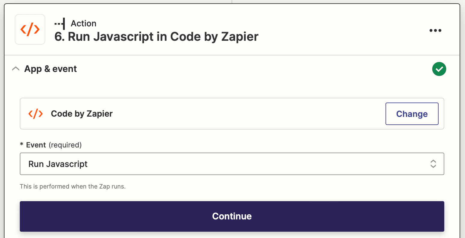 Screenshot of Zapier Code by Zapier Run JavaScript action
