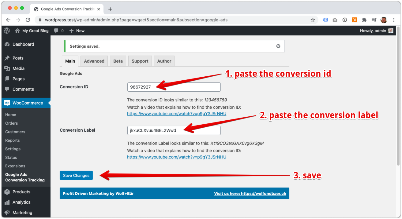 Google Ads paste conversion id and label