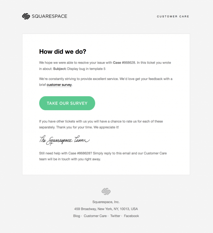 Feedback Email Examples: Screenshot of Squarepace's email asking for customer feedback via survey