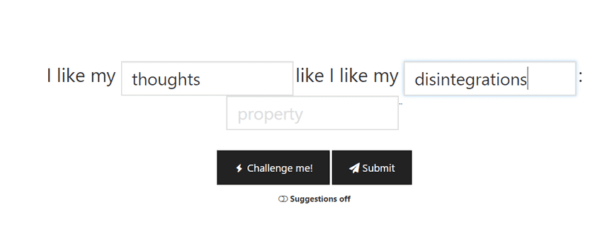 The create joke menu. A user could press "Challenge me" to already fill in some blanks.