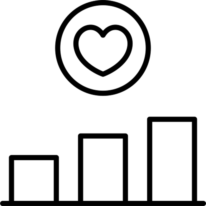 a black outline graphic of a vertical bar graph with a set of three increasing bars. There is a heart in a circle above the graph to indicate positive growth