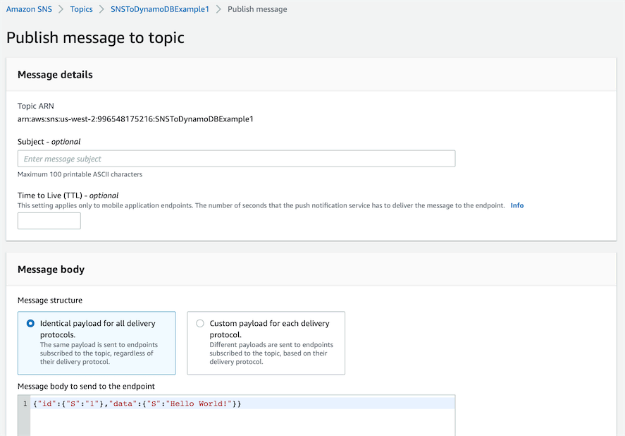 A screenshot showing sending a message to our SNS topic in the AWS Console.