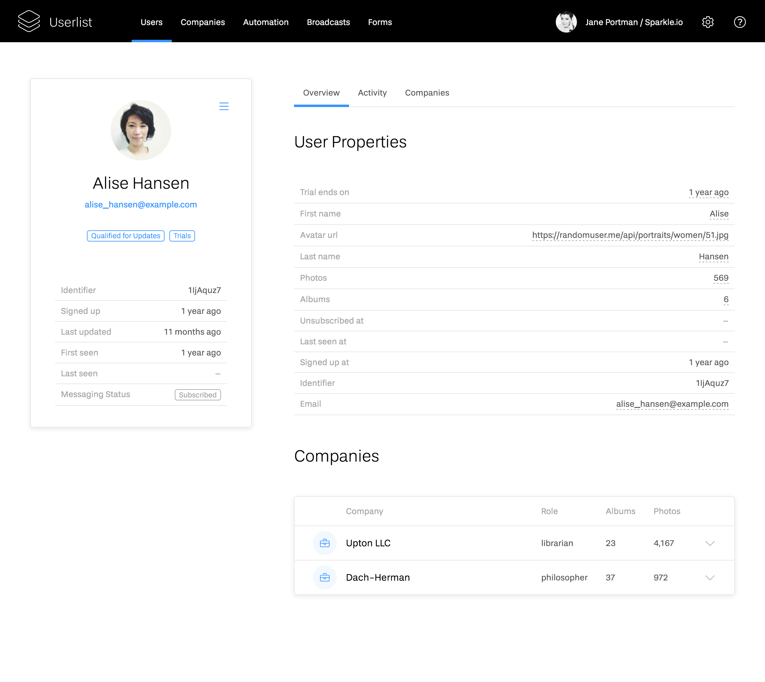 Managing users: individual user profile