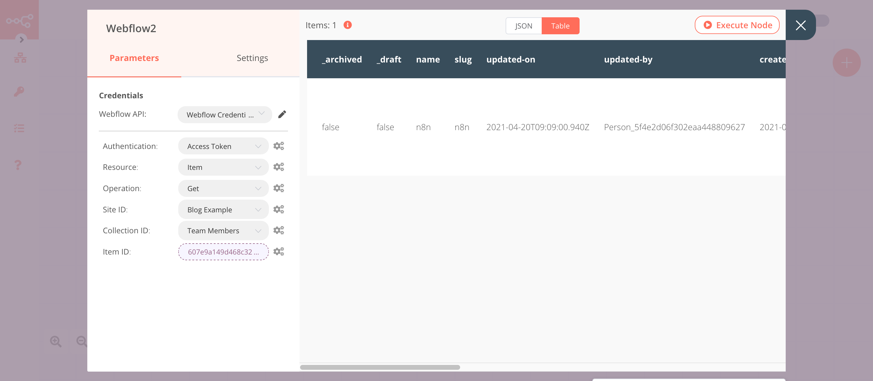 Using the Webflow node to retrieve the information of an item