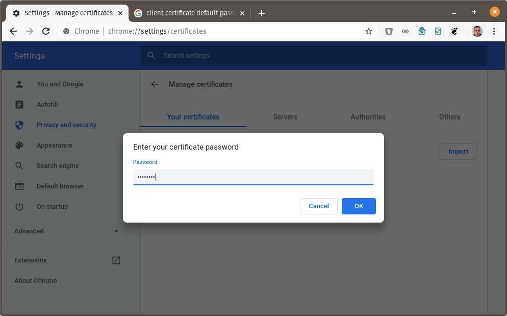enter certificate password