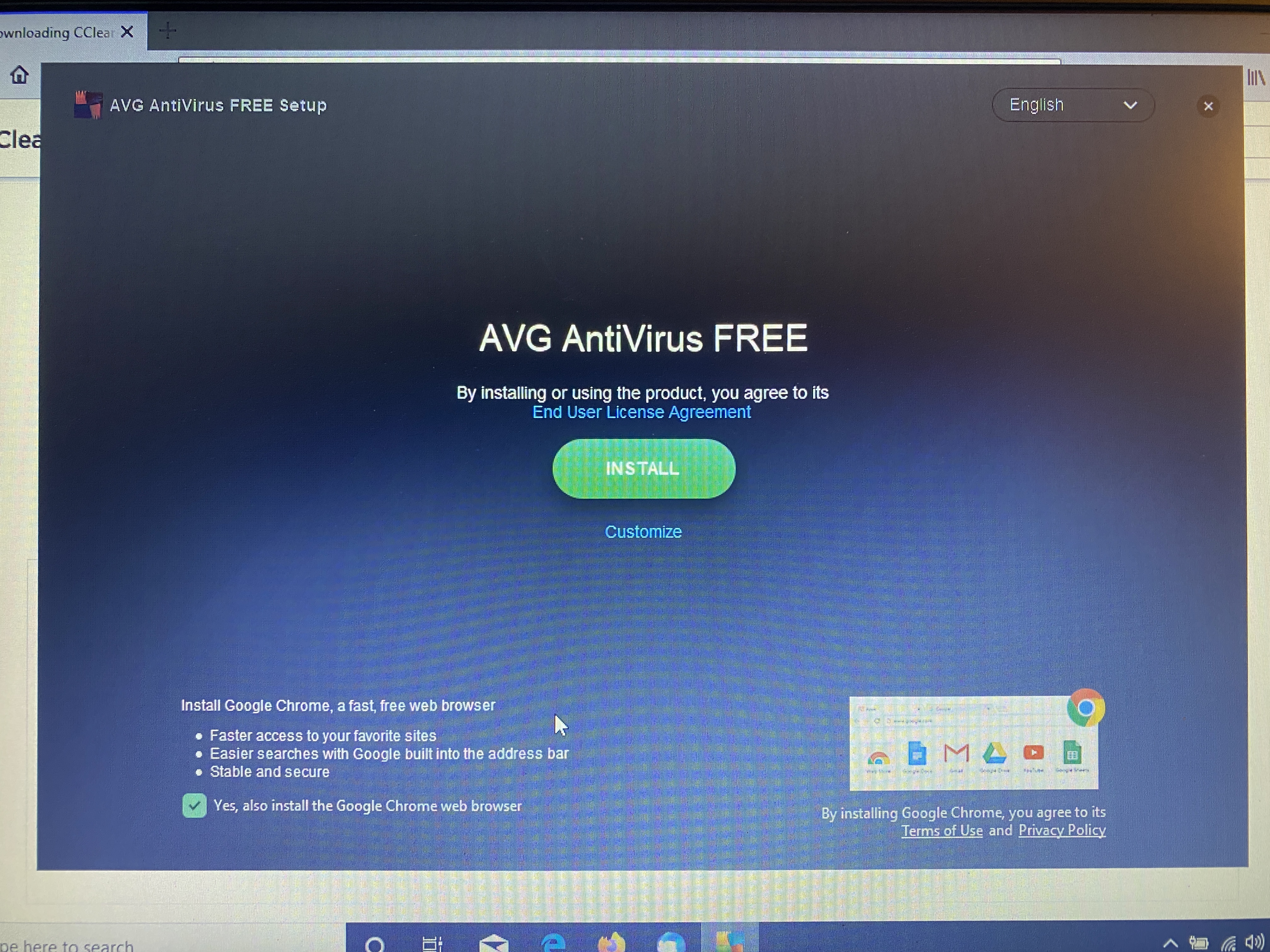 AVG Anti-Virus program installation screen.