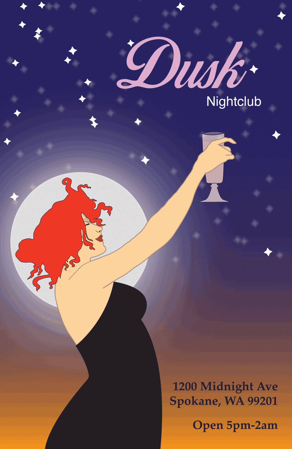 Vector Dusk Night Club event poster by Mattea Bergland.