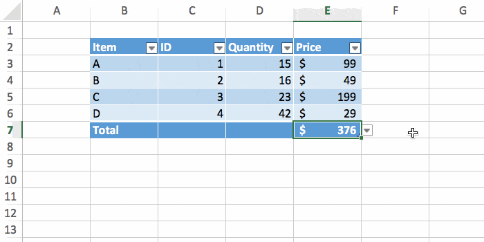 select different type of total row in an excel table
