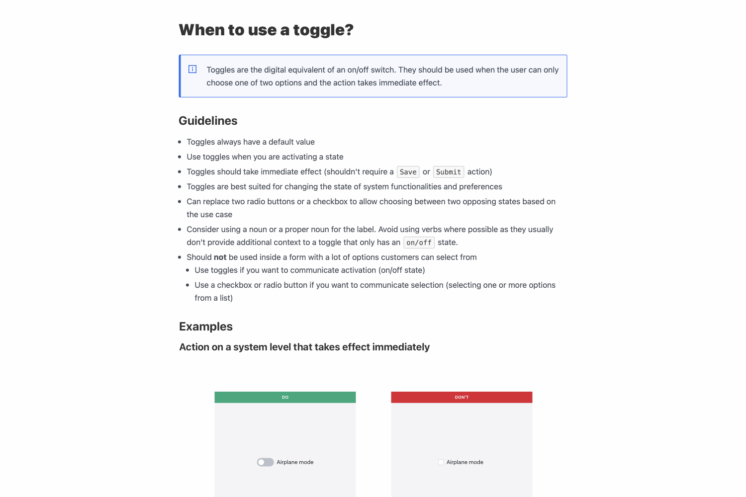 Screenshot from the Bliss Pattern Documentation, showing guidelines around the usage of toggles.