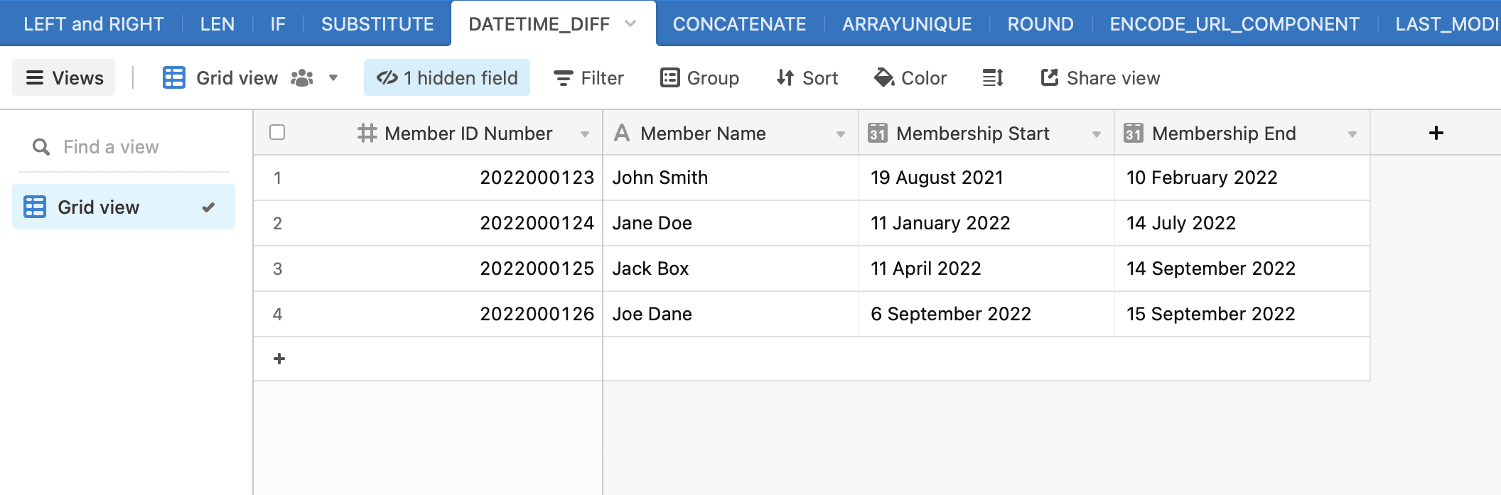 Screenshot of Airtable date time difference formula example