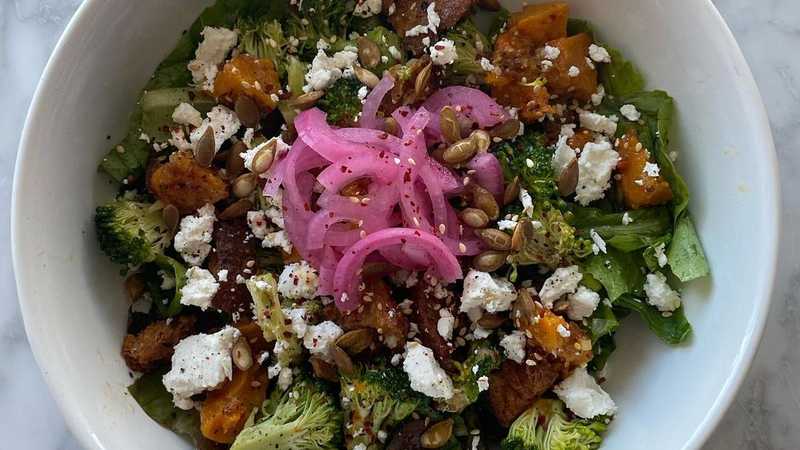 photo of completed recipe: This recipe combines a few tricks I’ve learned that turn a decent salad into a great salad: Dress in stages. Heartier vegetables need more dressing so…