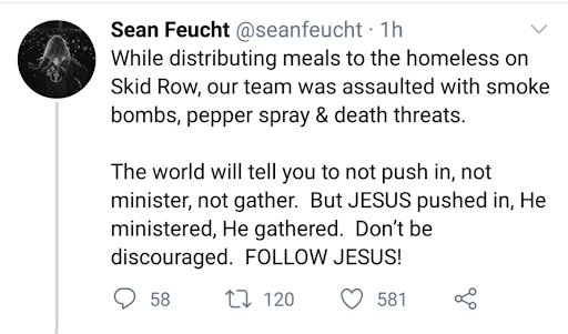 Feucht's tweet claiming his cultists were 'assaulted with smoke bombs, pepper spray & death threats.'