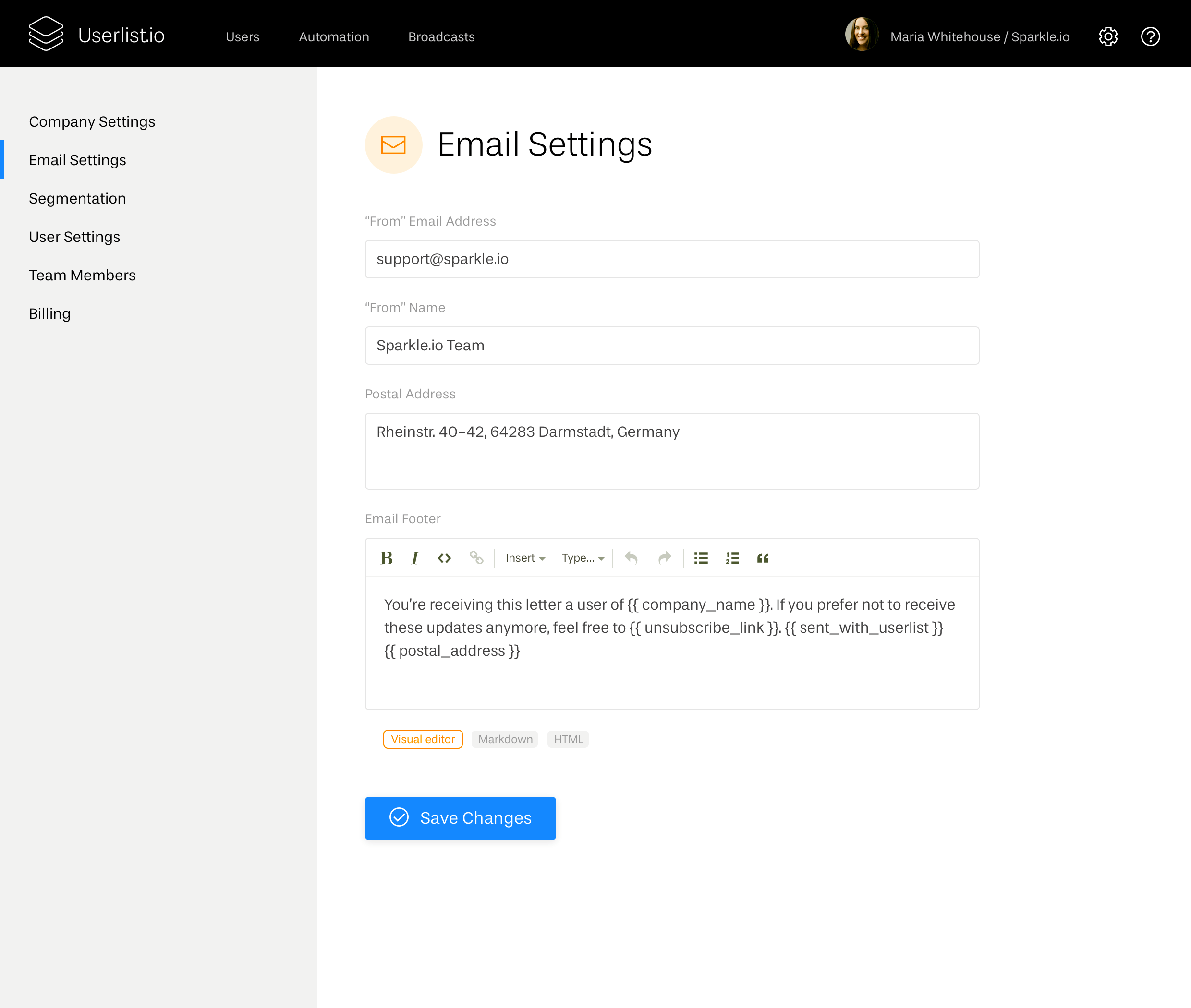 Email settings at Userlist