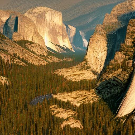 A beautiful National Geographic photograph, helicopter view of Yosemite mountain scenery full of trees, forest, photorealistic, warm, summer, wide angle, golden hour
