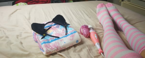 Banner image showing pink thigh highs, a BunnyHopps diaper, kitty ears, a pink chastity cage and a magic wand.