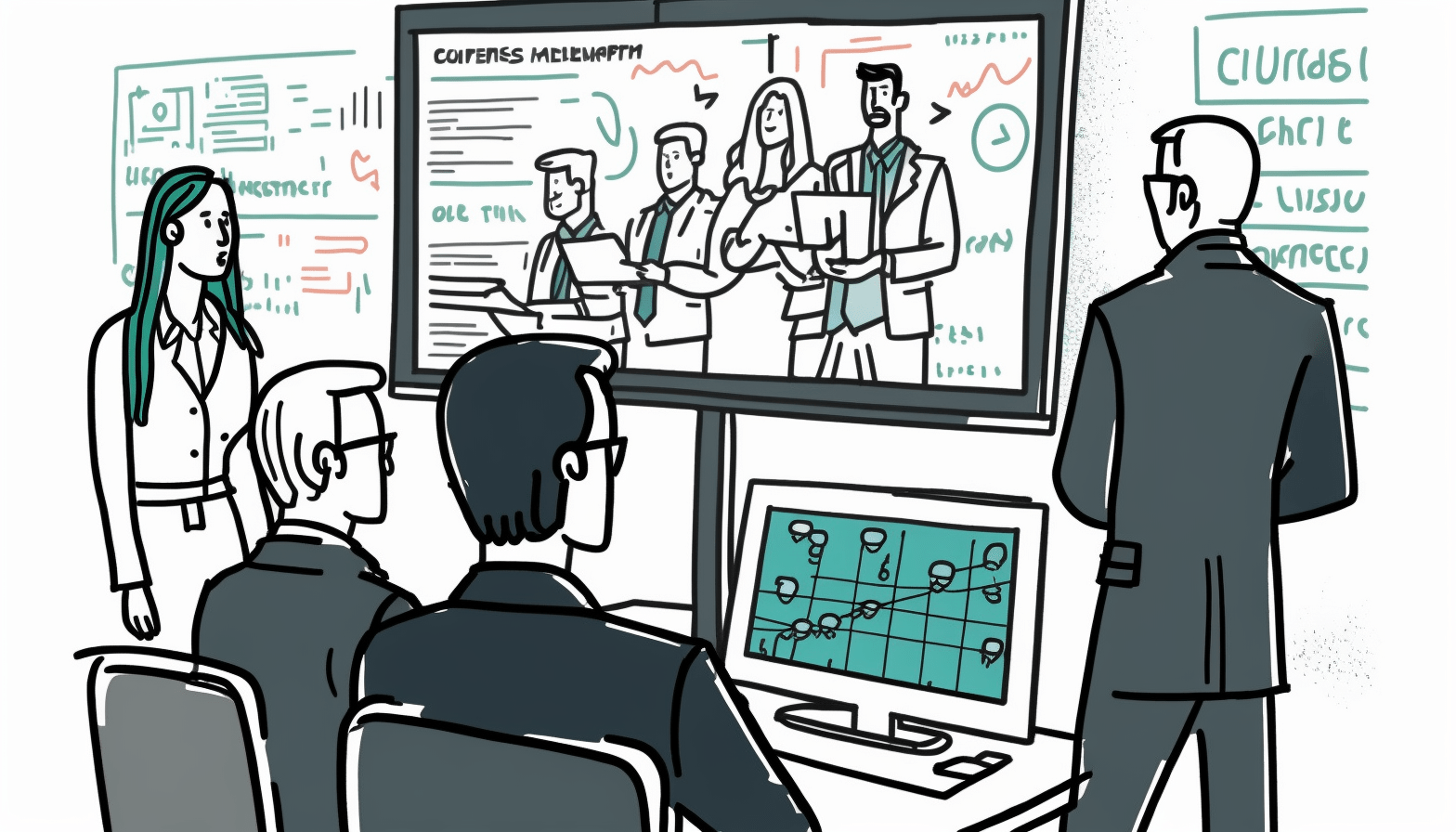 An animated image of a group of employees gathered around a computer or a security expert explaining cybersecurity concepts on a whiteboard.