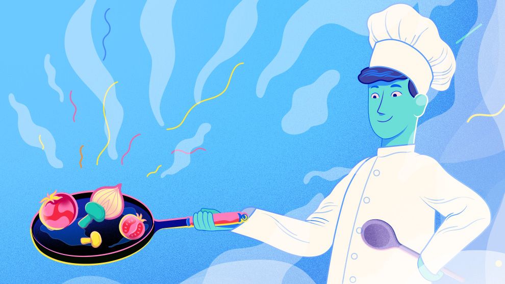 Illustration of a Chef frying vegetables