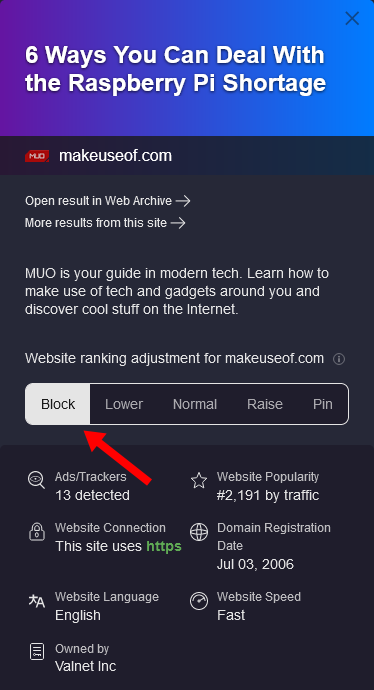 Screenshot of Kagi interface with Make Use Of domain blocked